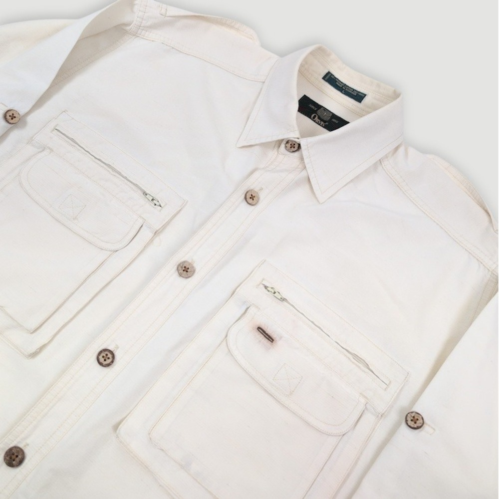 Vintage Orvis Safari Shirt Mens Large Cream Hemp Cotton Blend Gorpcore Utility